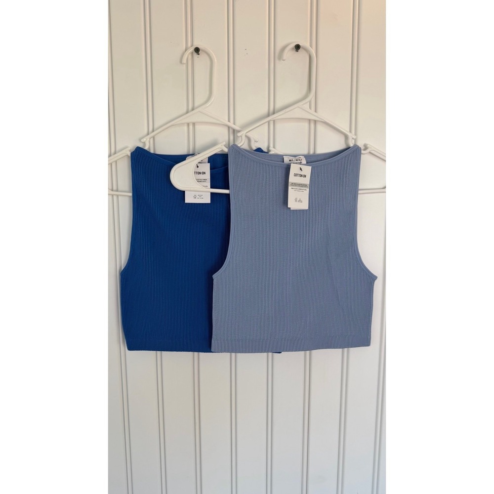Cotton On high neck tanks set blue ribbed stretchy layer boho lounge athletic